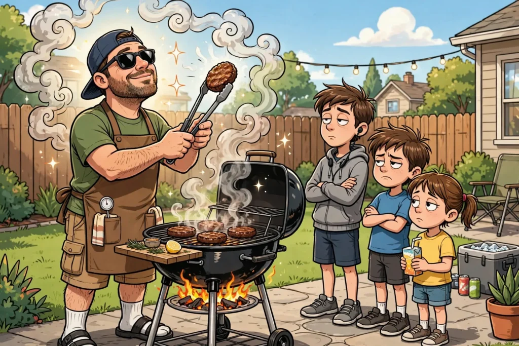 Funny illustration of a dad with classic dad jokes, puns and grill humor