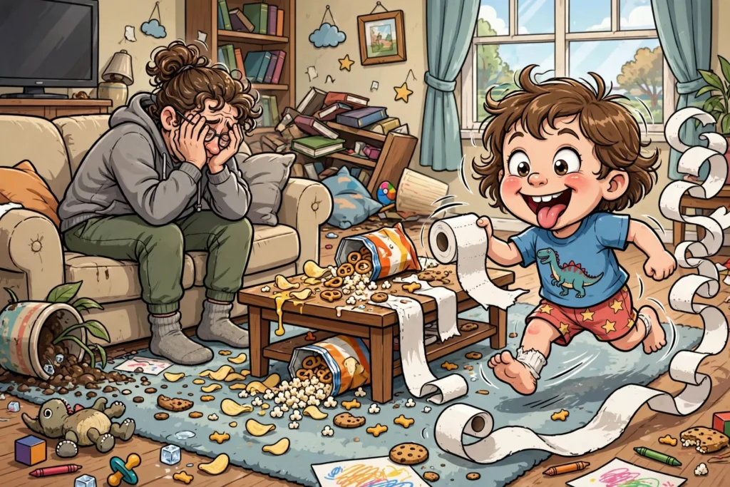 Funny illustration of toddler chaos with a wild little tornado kid