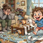 Funny illustration of toddler chaos with a wild little tornado kid