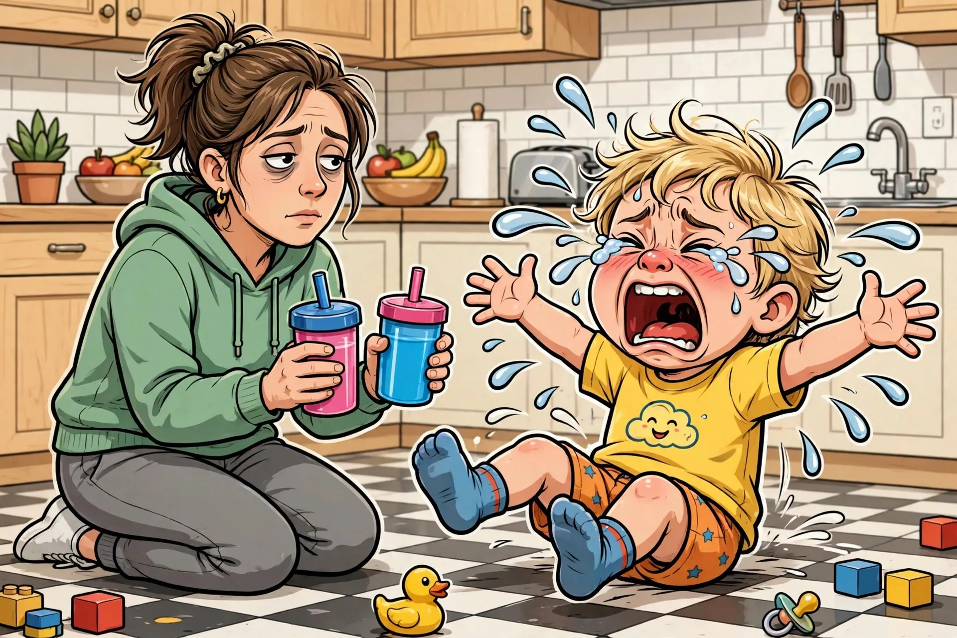 Funny toddler chaos meme about 5 AM wake-ups and mealtime mayhem