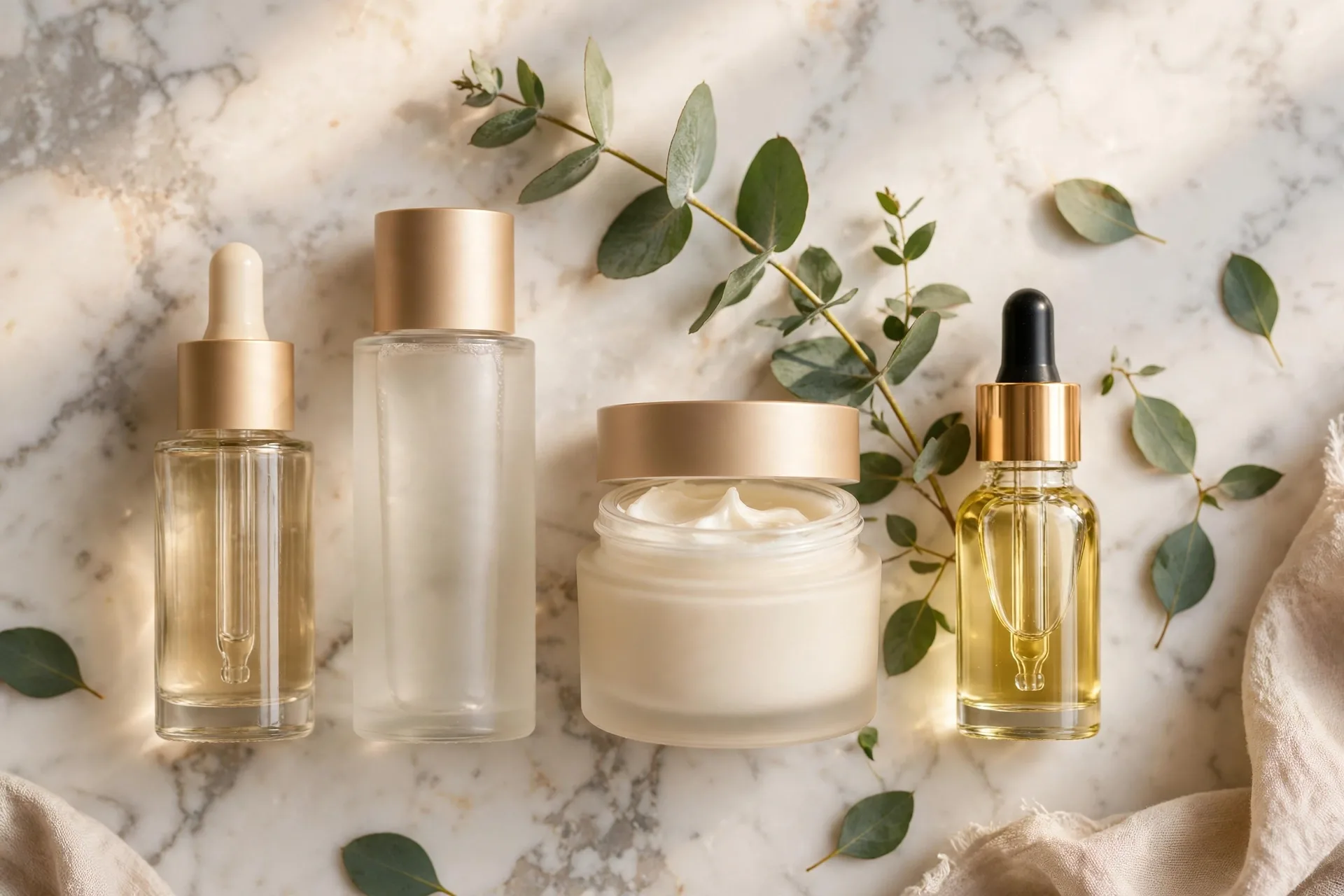 Flat lay of hydrating toner, serums, and glass-skin skincare products on a vanity