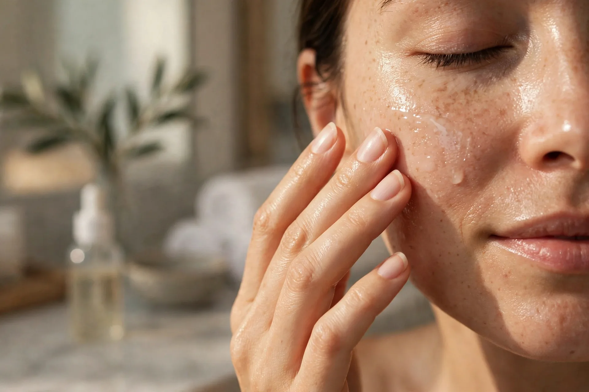 Woman pressing serum into her face during the nighttime glass skin routine