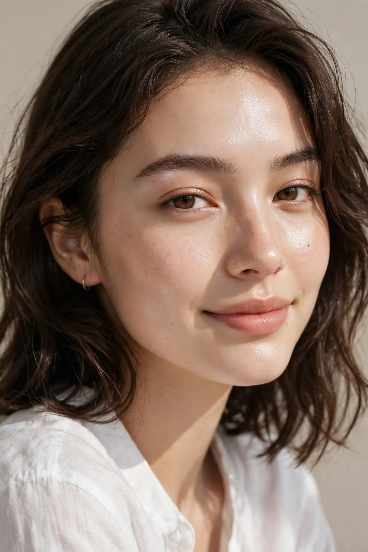 Close-up of a woman with glowing, dewy glass skin