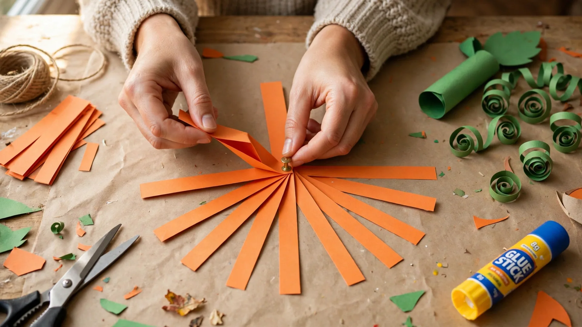 Hands making a paper strip pumpkin