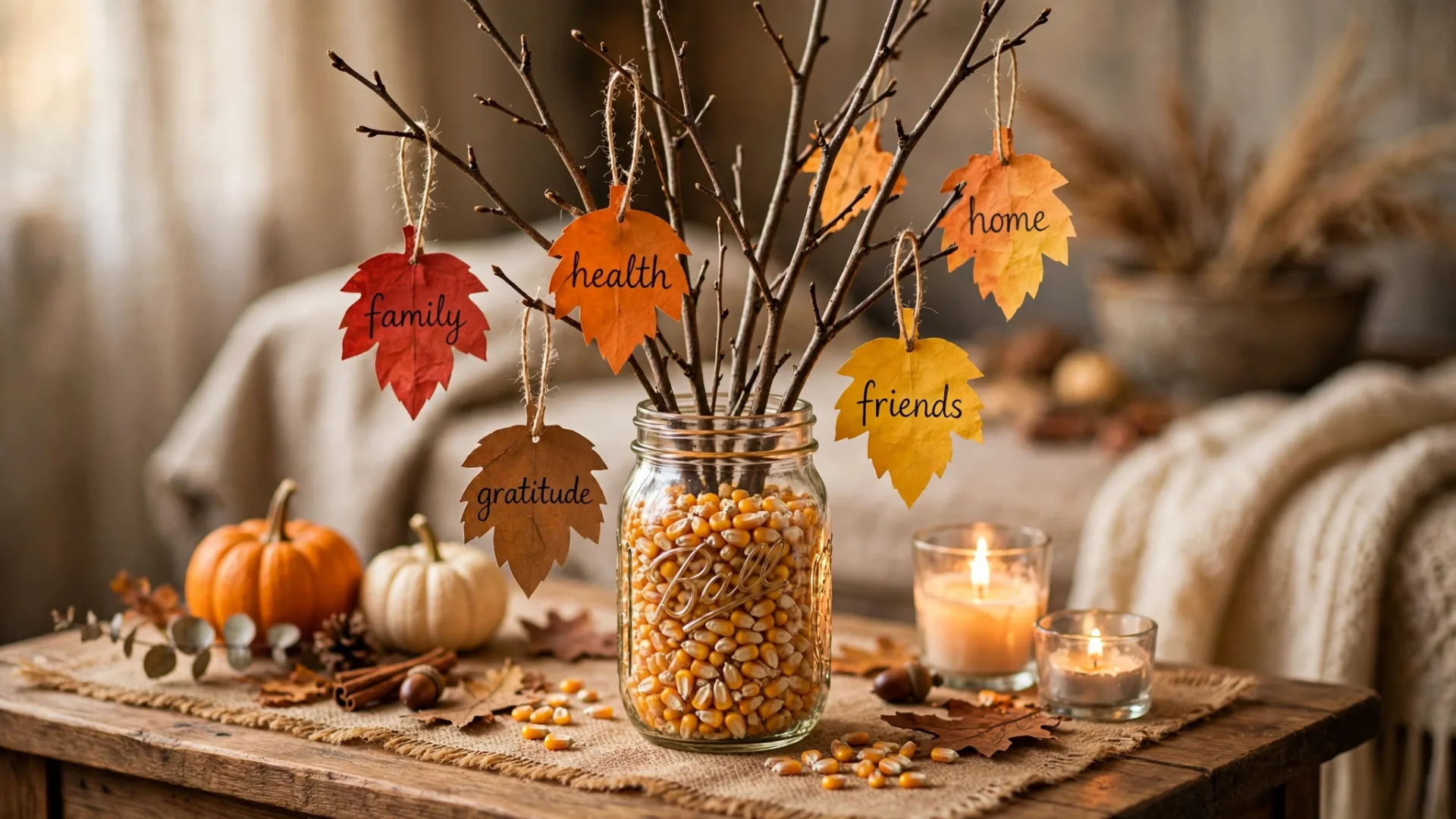 Thankful tree in a mason jar with paper gratitude leaves