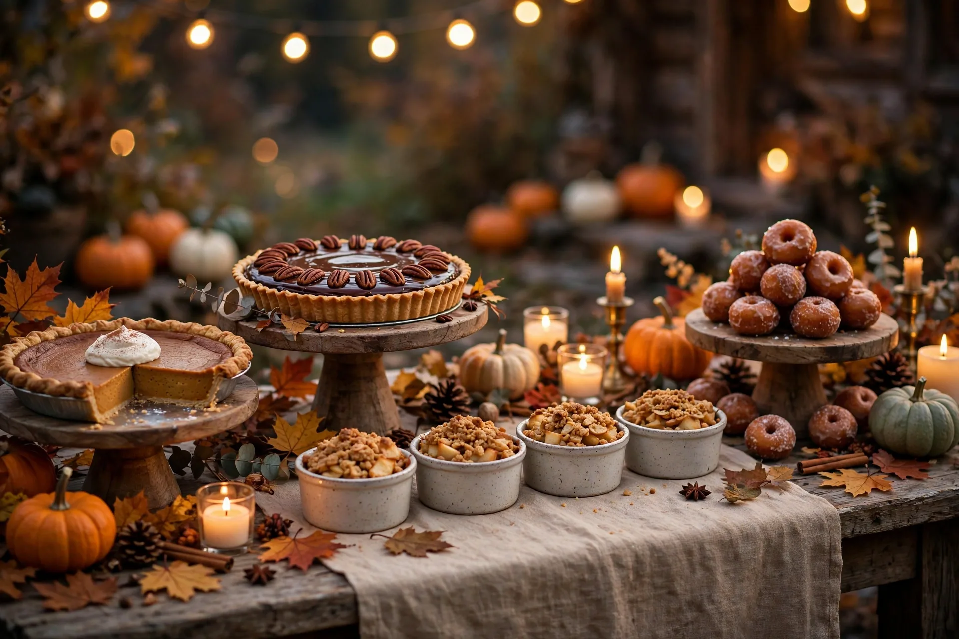 Thanksgiving dessert table with pumpkin pie bites and fall treats