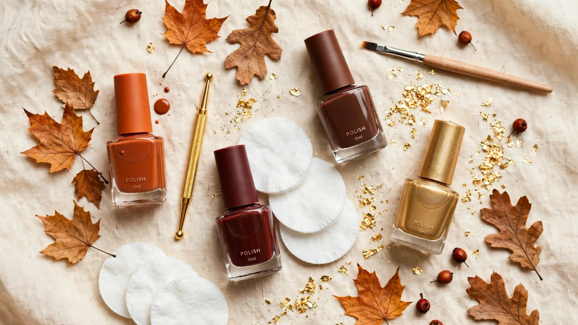 Fall nail polish flatlay with autumn colors and tools