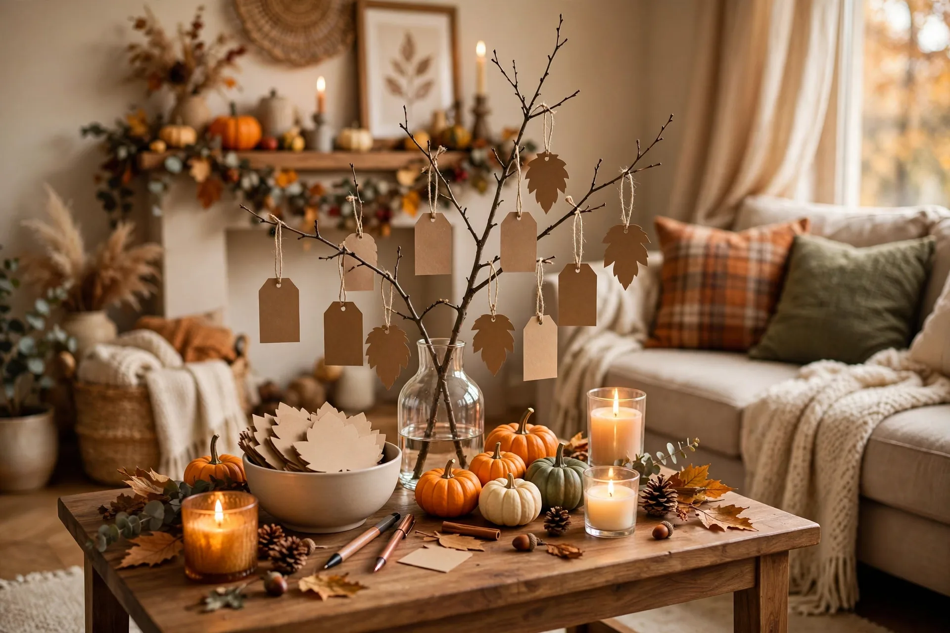 Thankful tree with paper gratitude leaves hanging from branches