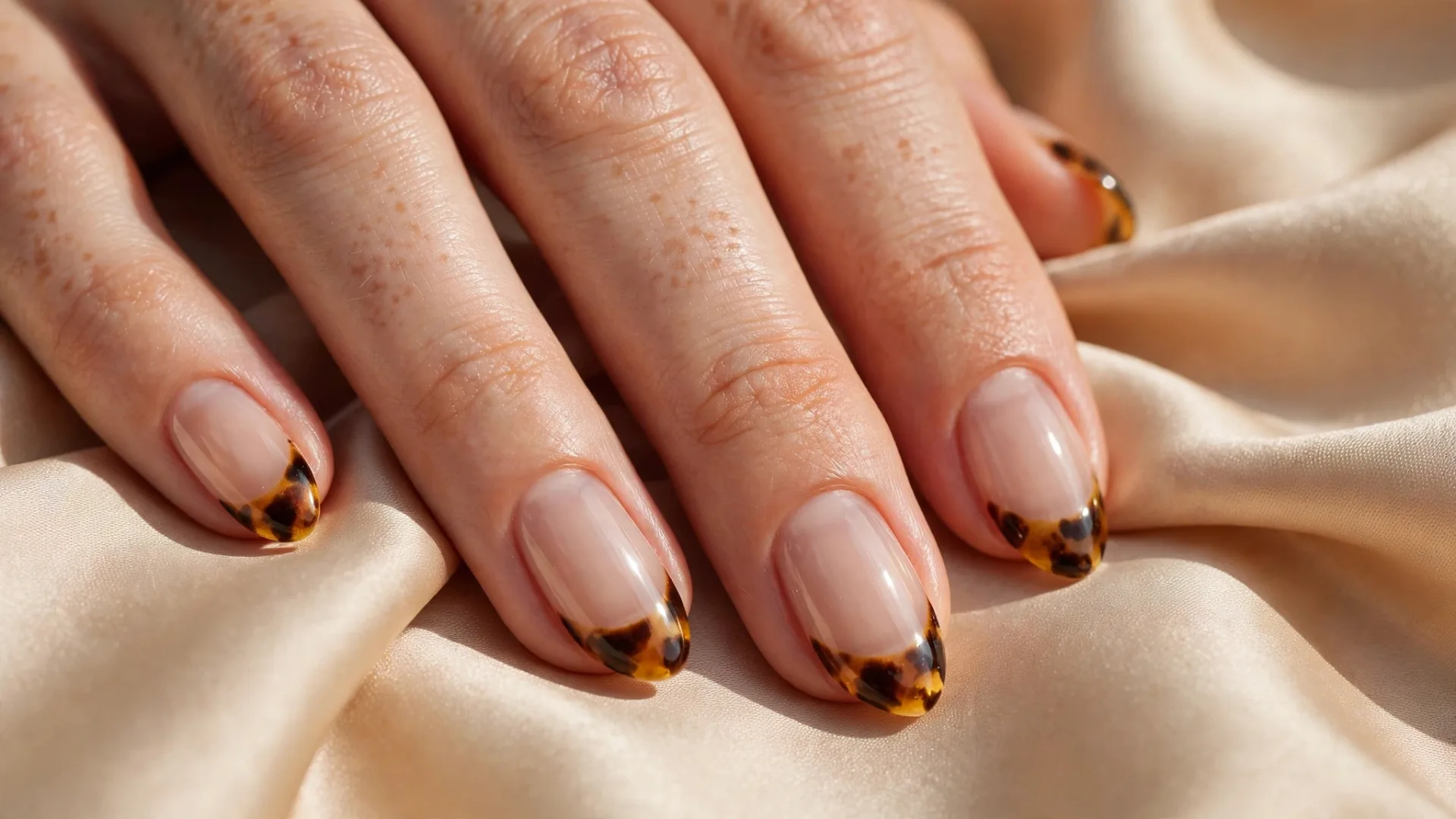 Tortoiseshell French tip nail art on almond nails