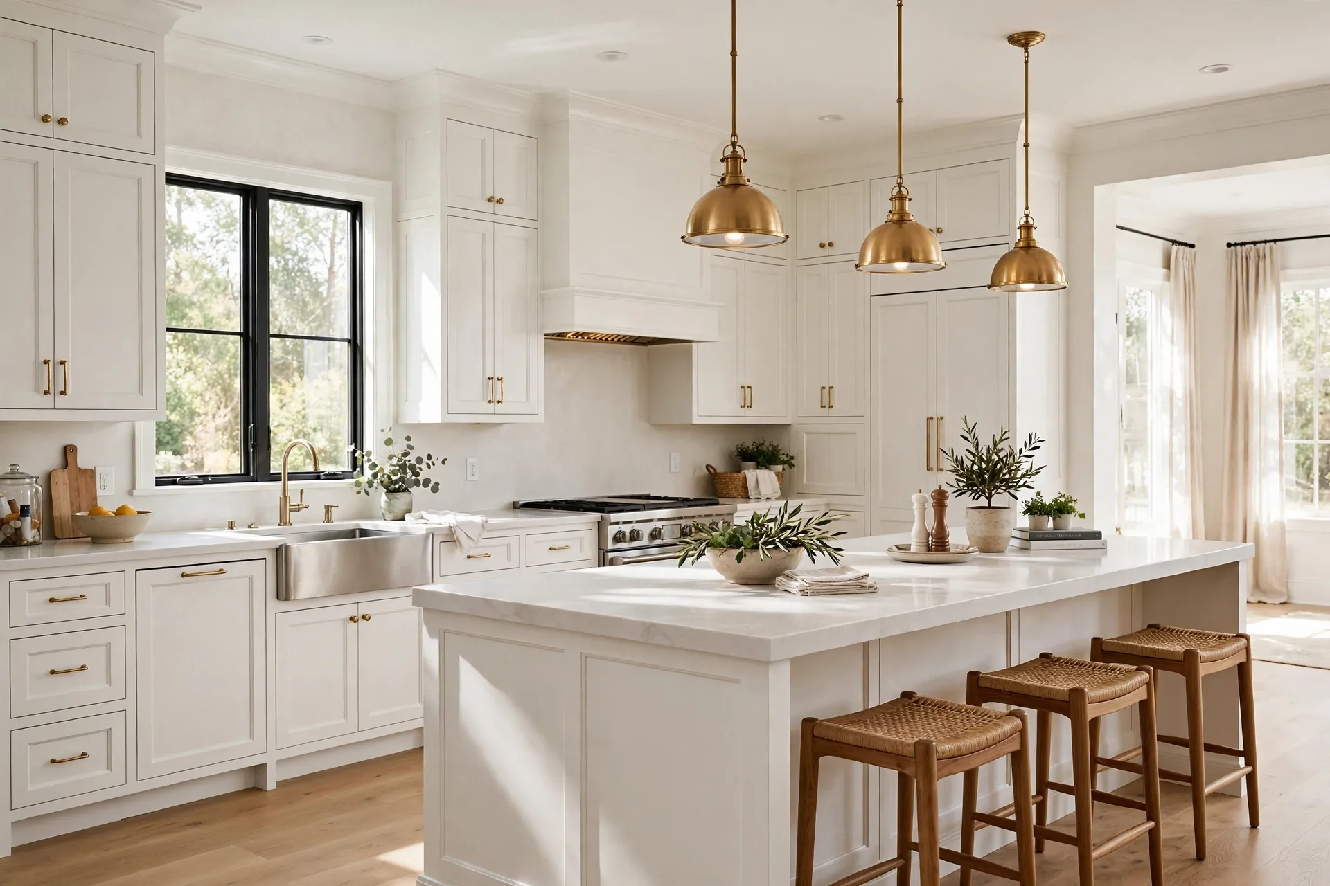 Bright L-shaped kitchen with a large island and seating