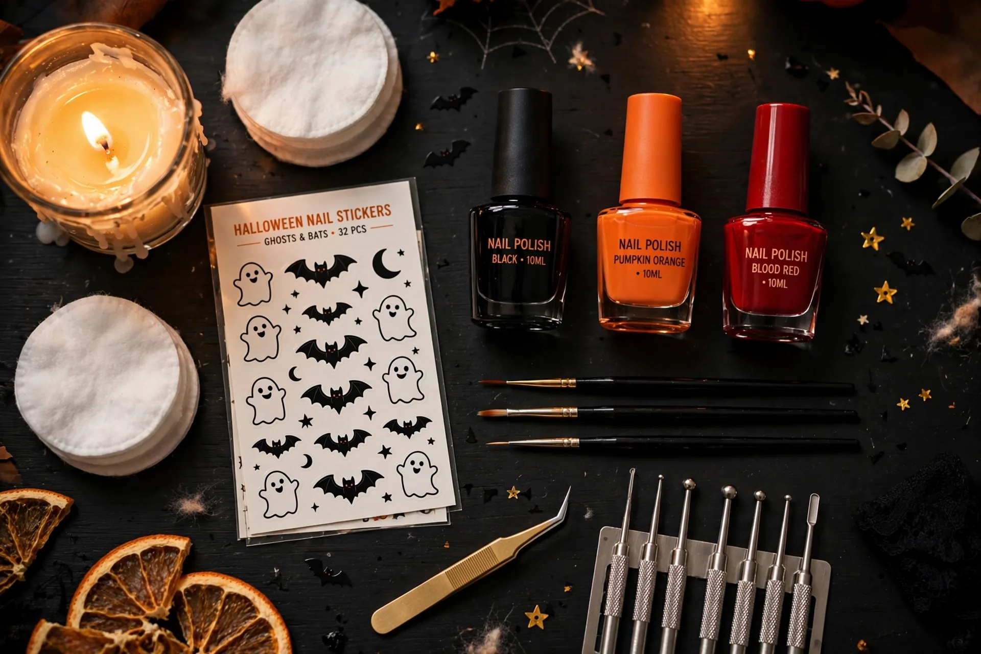 Halloween nail art supplies flatlay
