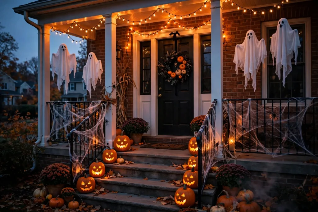 Halloween-decorated front porch at dusk with glowing pumpkins and lights