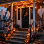 Halloween-decorated front porch at dusk with glowing pumpkins and lights