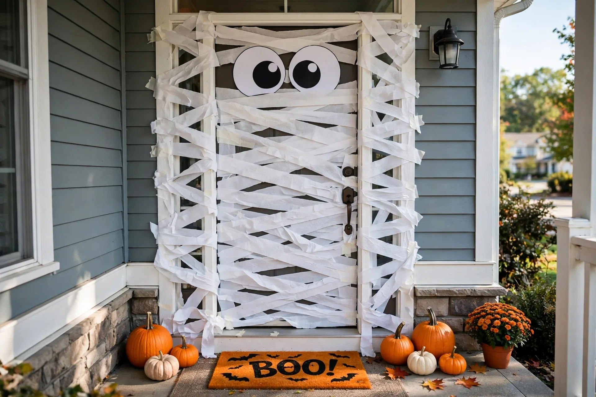 Front door wrapped as a mummy with big paper eyes