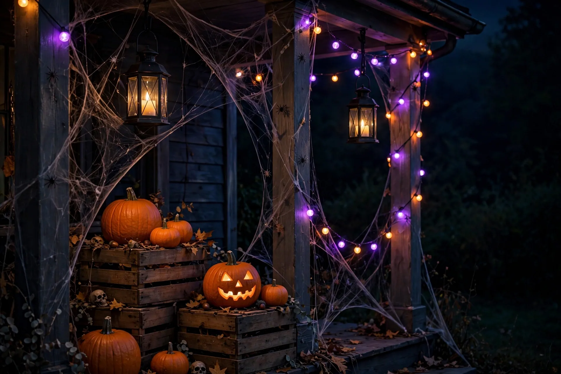 Haunted porch entry glowing at night