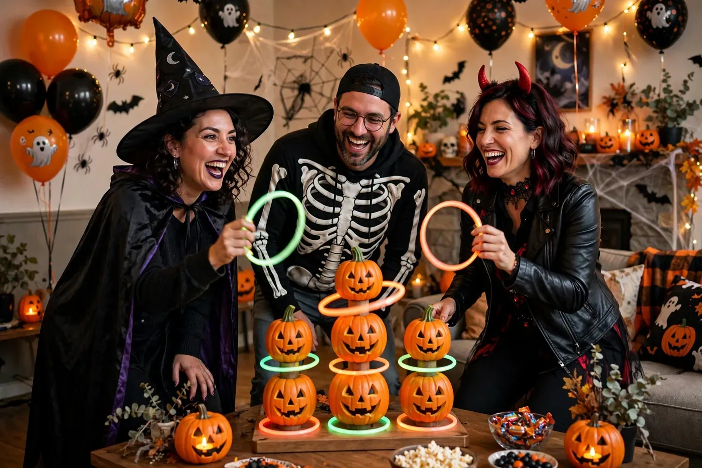 Adults playing a Halloween party game in costume