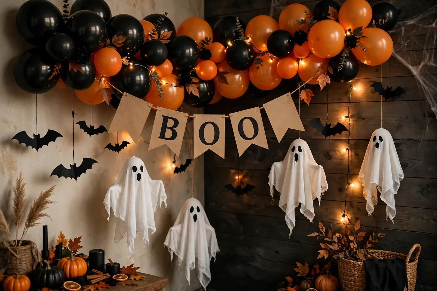 Halloween party photo backdrop with orange and black balloon garland, bats and ghosts