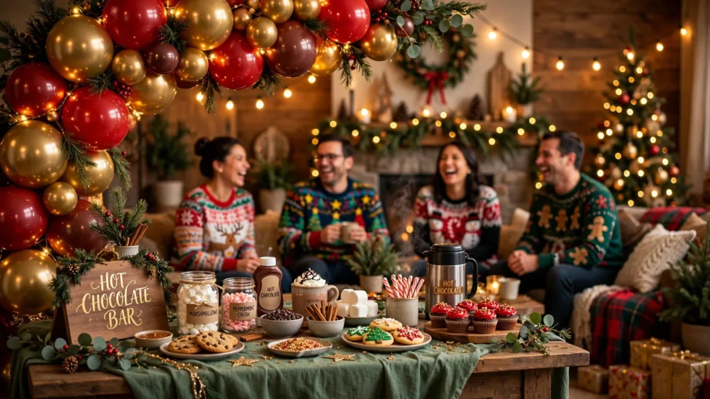 Christmas party scene with festive decorations, games, and holiday table settings