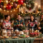 Christmas party scene with festive decorations, games, and holiday table settings