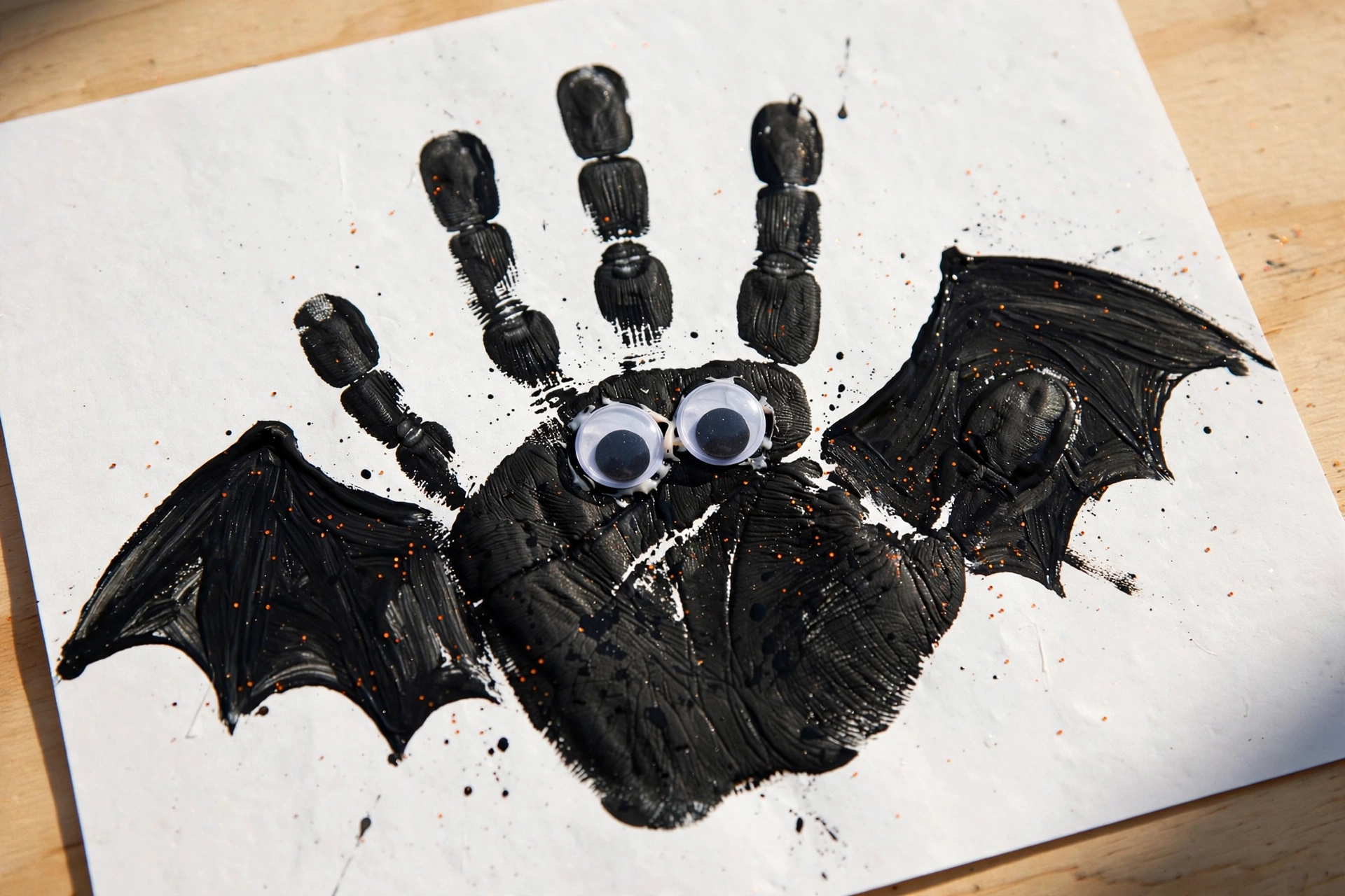 Black handprint painted as a bat with googly eyes