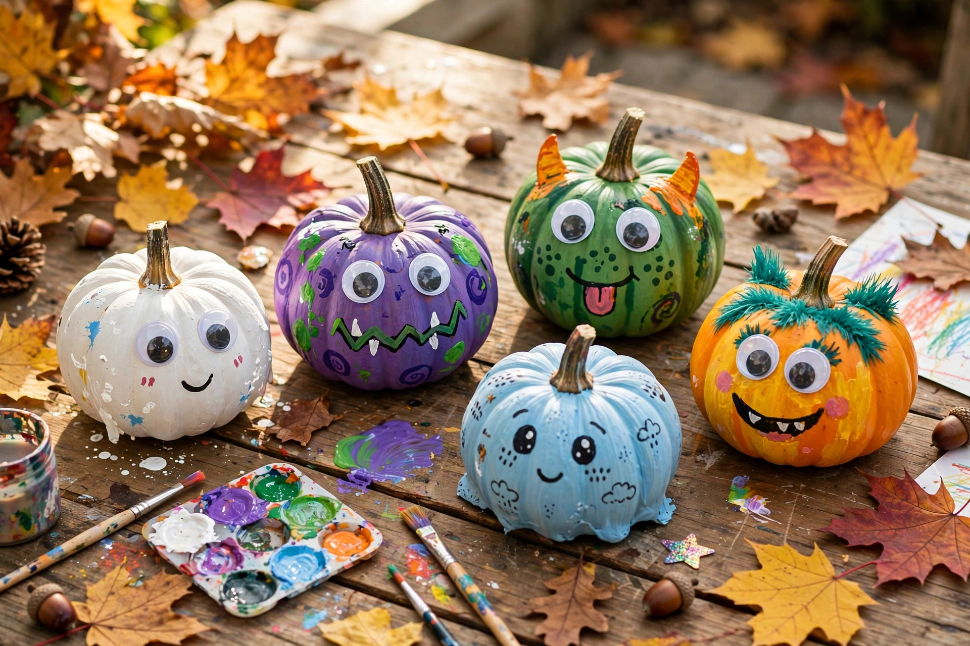 No-carve decorated mini pumpkins painted as ghosts and monsters