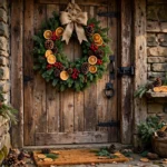 Handmade DIY Christmas wreath with dried oranges, pinecones and berries hanging on a rustic wooden front door