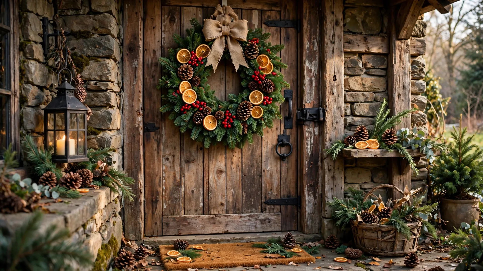 Handmade DIY Christmas wreath with dried oranges, pinecones and berries hanging on a rustic wooden front door