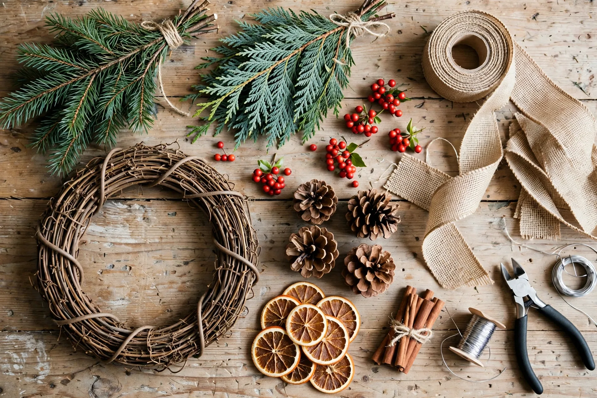 Flat-lay of DIY Christmas wreath making supplies: grapevine wreath base, evergreen sprigs, berries, pinecones, dried orange slices, ribbon and floral wire