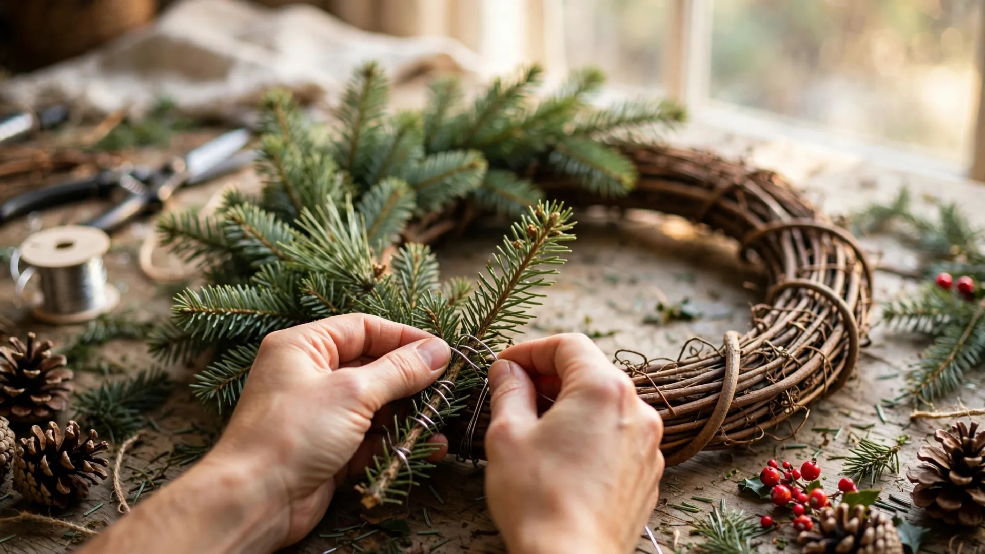 Hands wiring fresh evergreen sprigs onto a grapevine wreath base with floral wire on a craft table