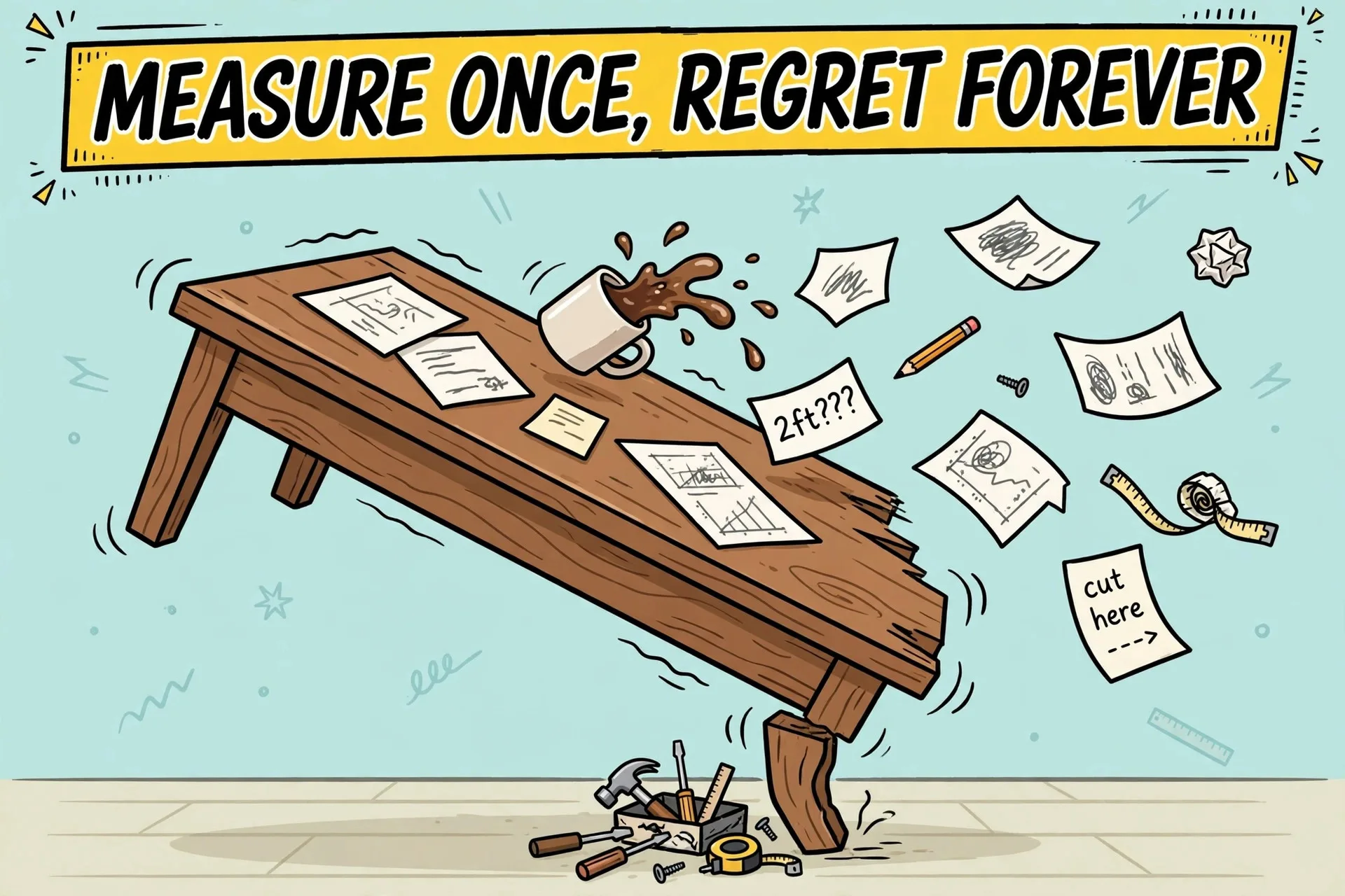 Wobbly table cartoon meme with text MEASURE ONCE, REGRET FOREVER