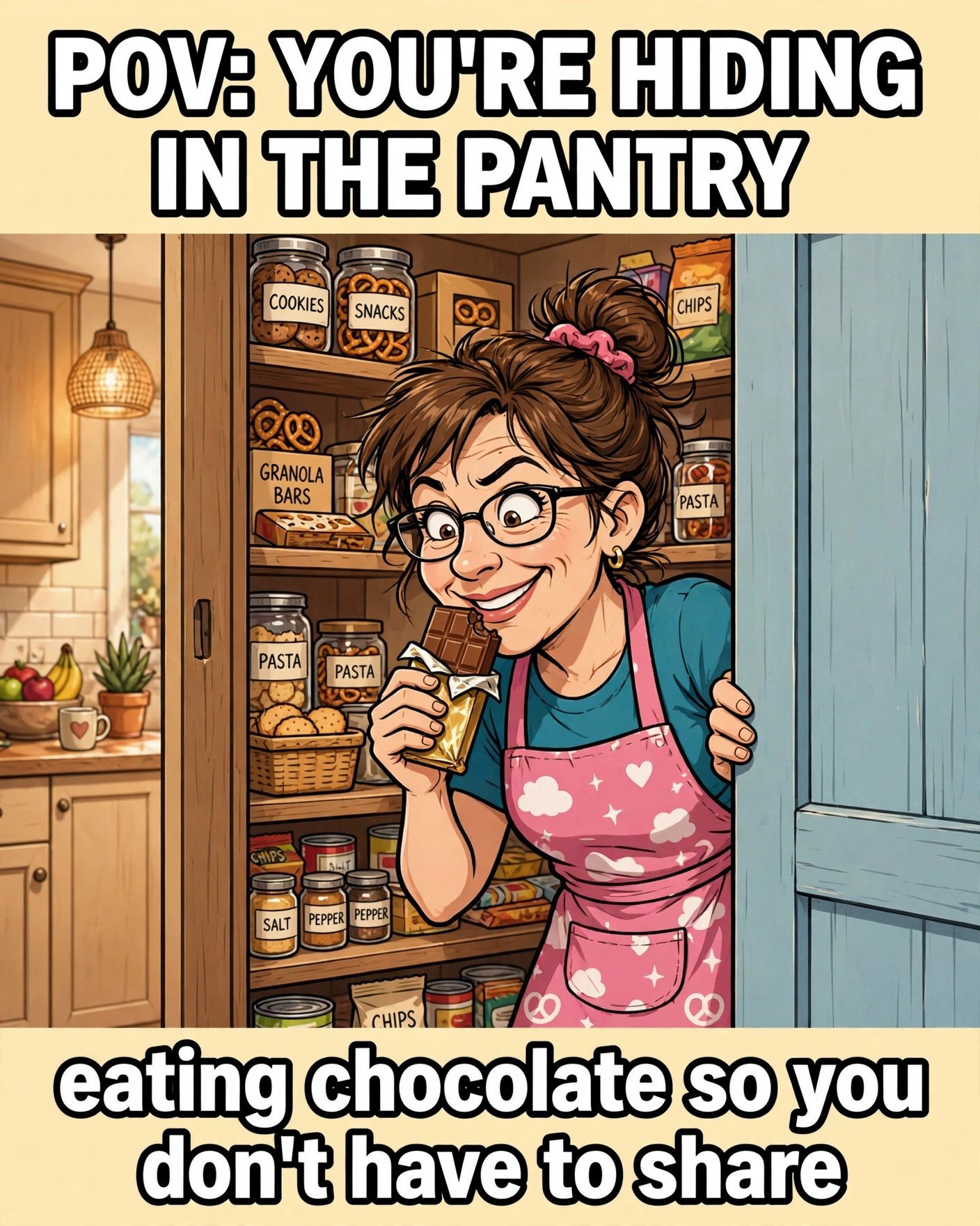 Mom hiding in pantry eating chocolate meme