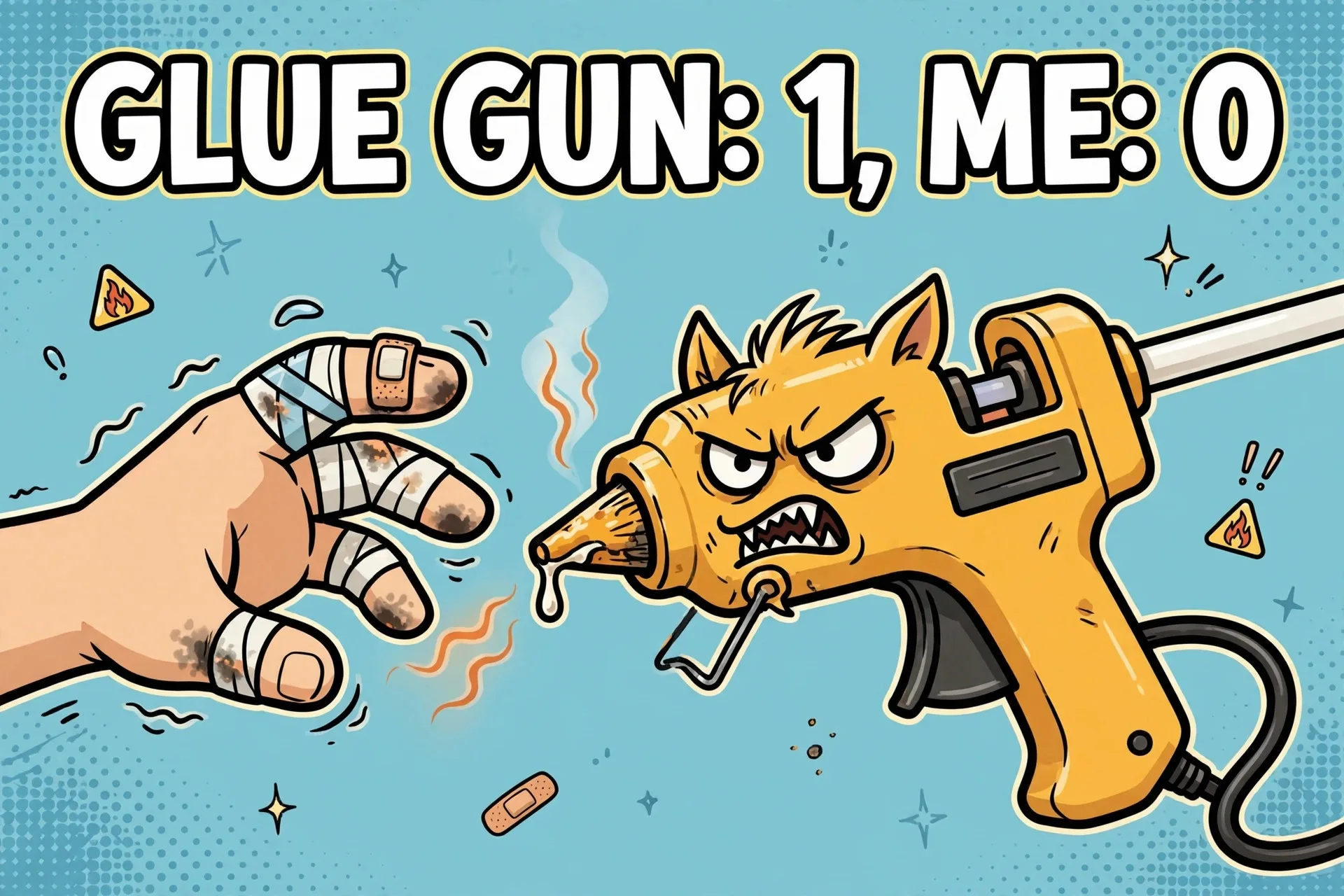 Angry glue gun vs bandaged hand cartoon meme with text GLUE GUN: 1, ME: 0