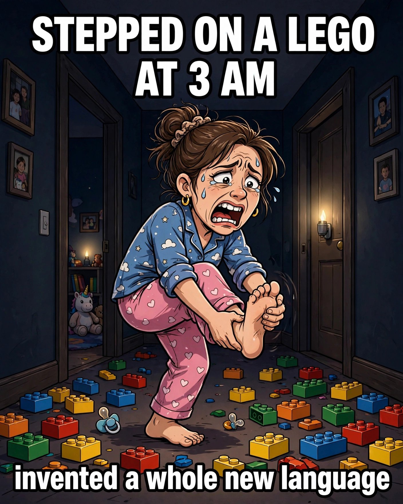 Mom stepping on LEGO at 3 AM meme