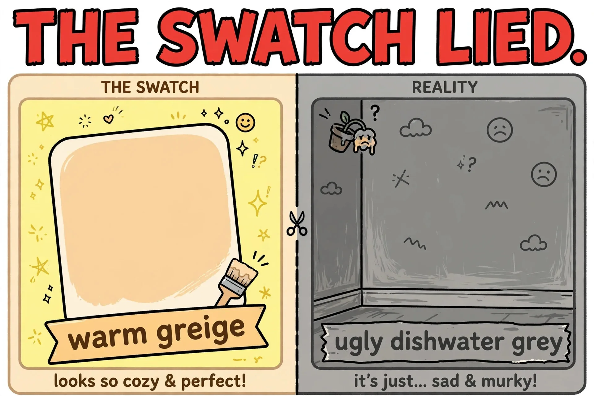 Paint swatch vs reality cartoon meme with text THE SWATCH LIED