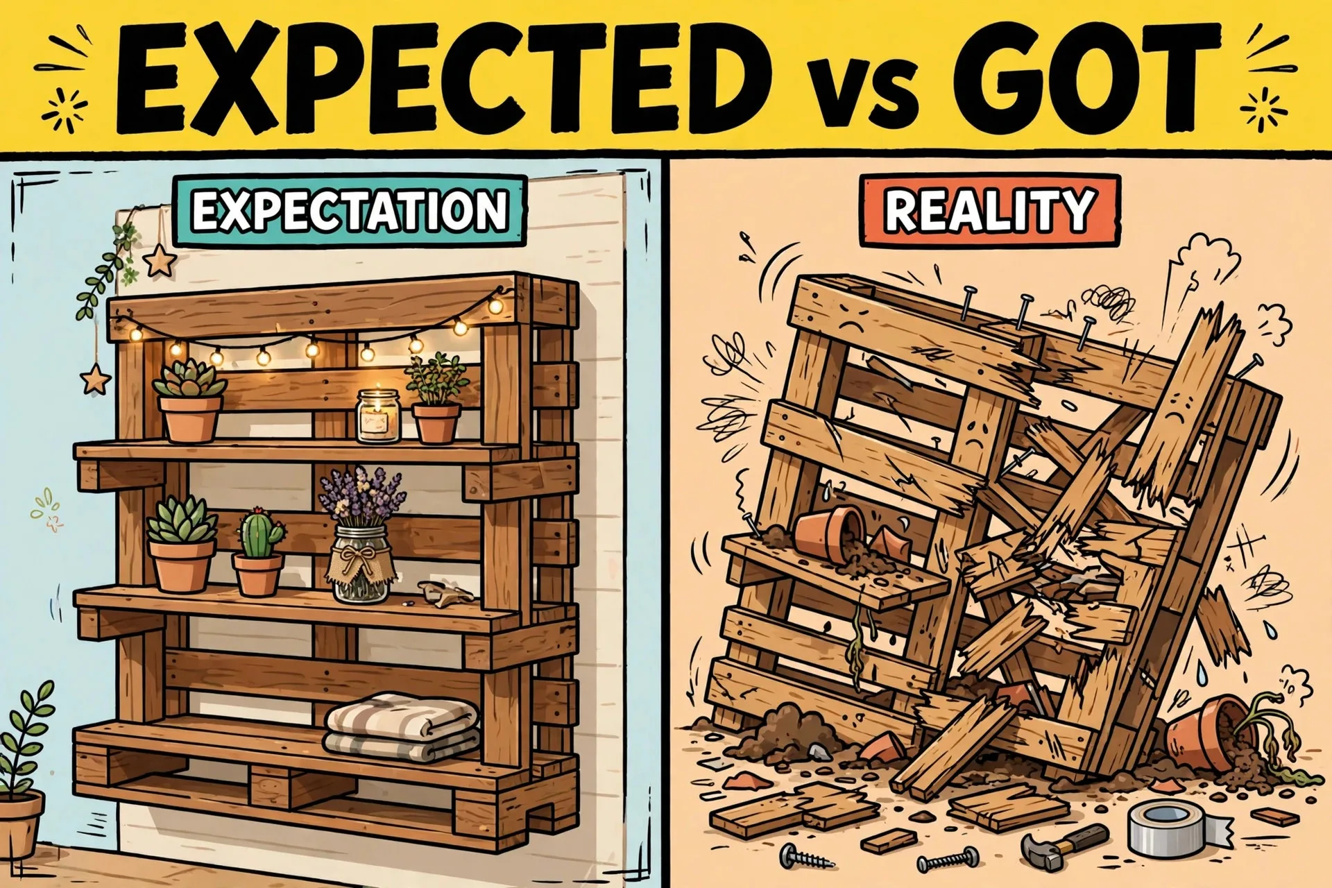 Expectation vs reality pallet shelf cartoon meme with text EXPECTED vs GOT