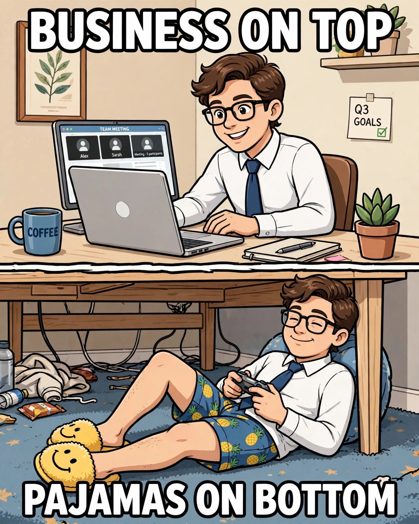 Funny work from home meme about business on top pajamas on bottom