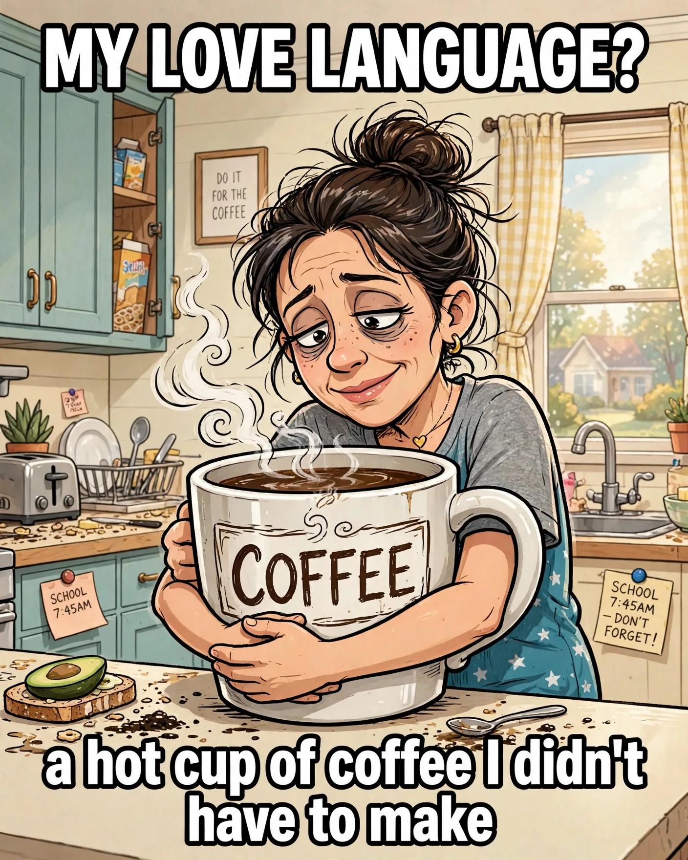 Mom clutching coffee meme