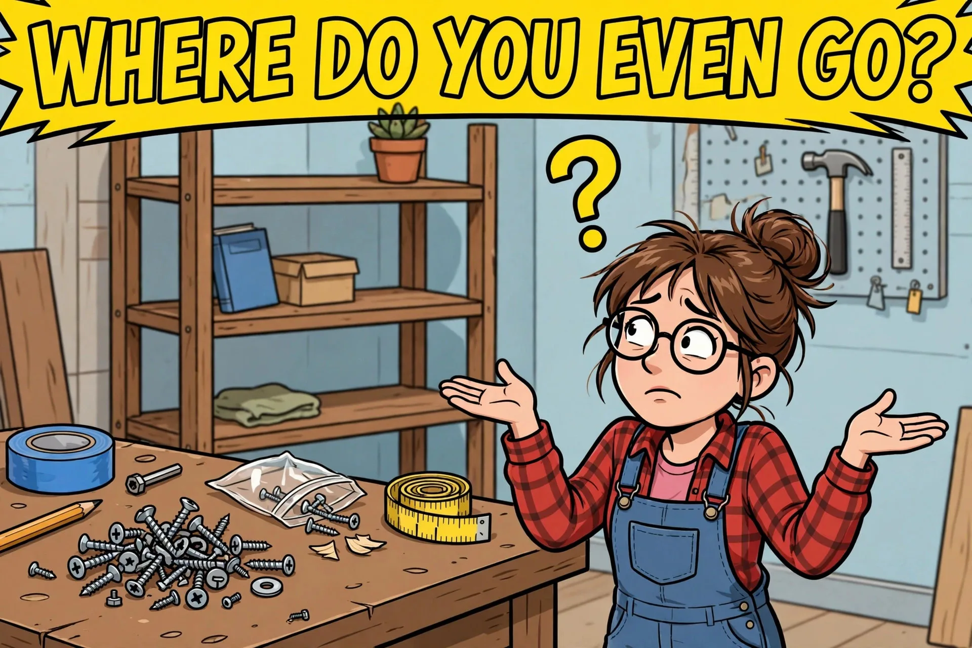 Confused crafter with leftover screws cartoon meme with text WHERE DO YOU EVEN GO?