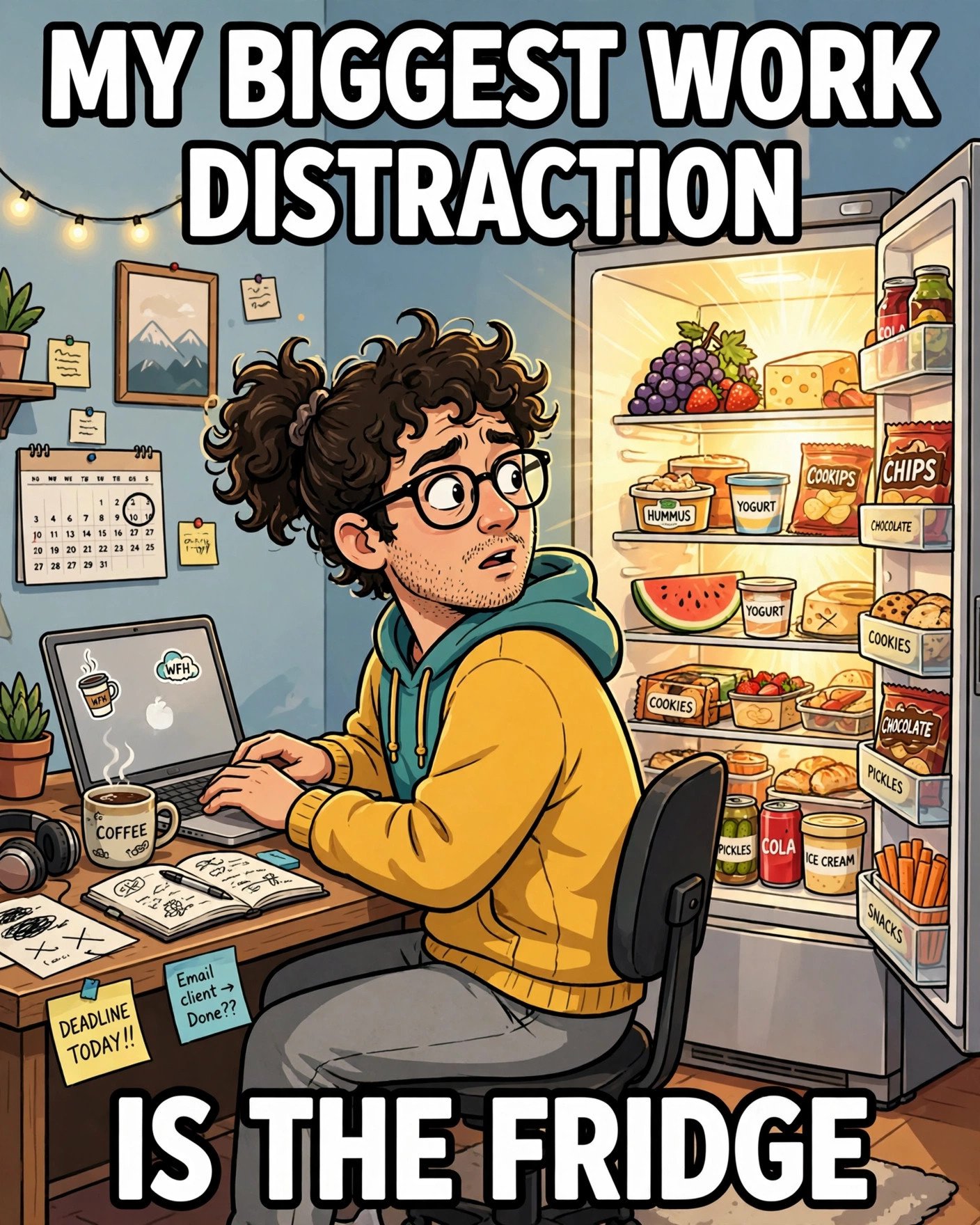 Funny work from home meme about constant fridge raids and snack breaks