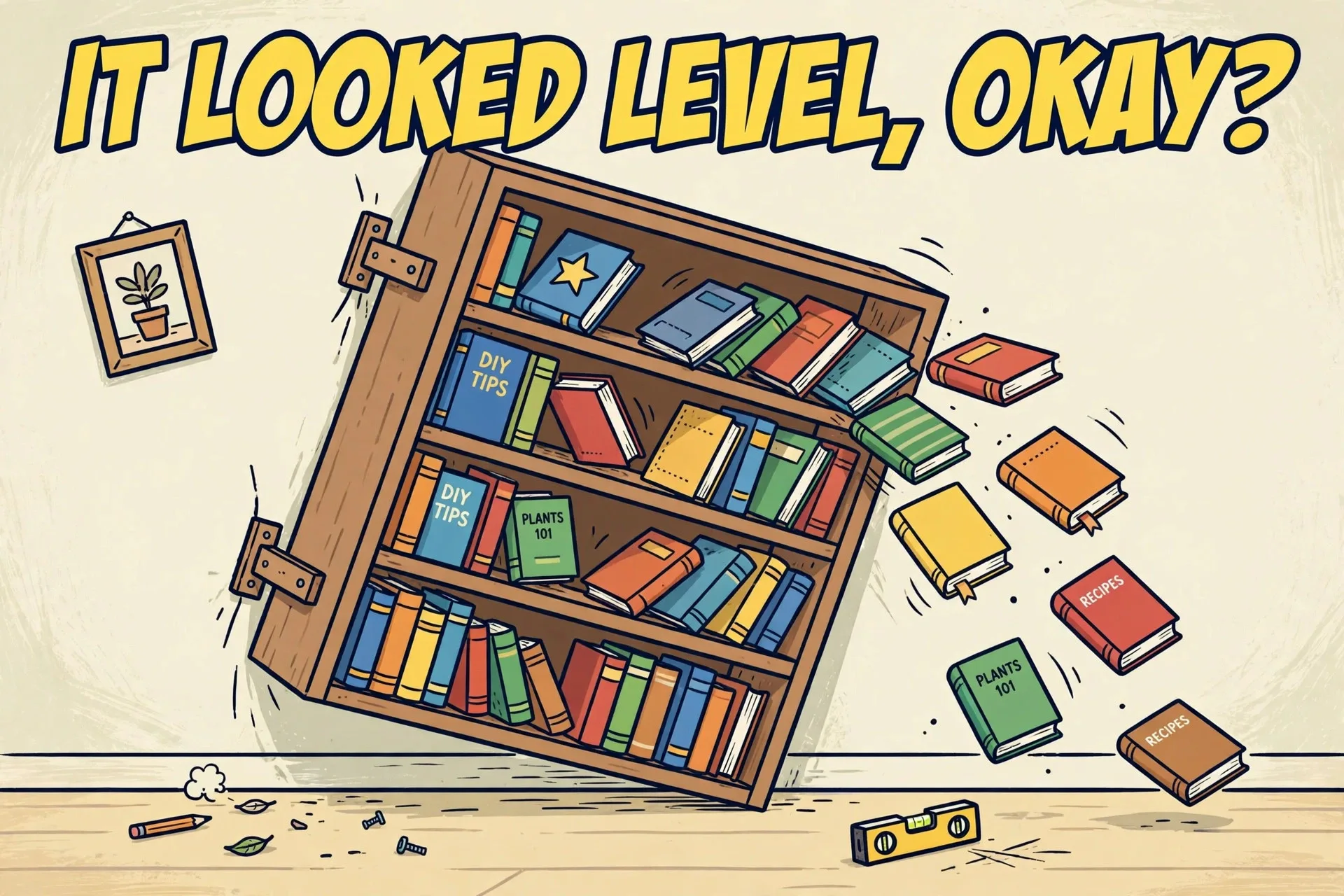 Crooked bookshelf with sliding books cartoon meme with text IT LOOKED LEVEL, OKAY?