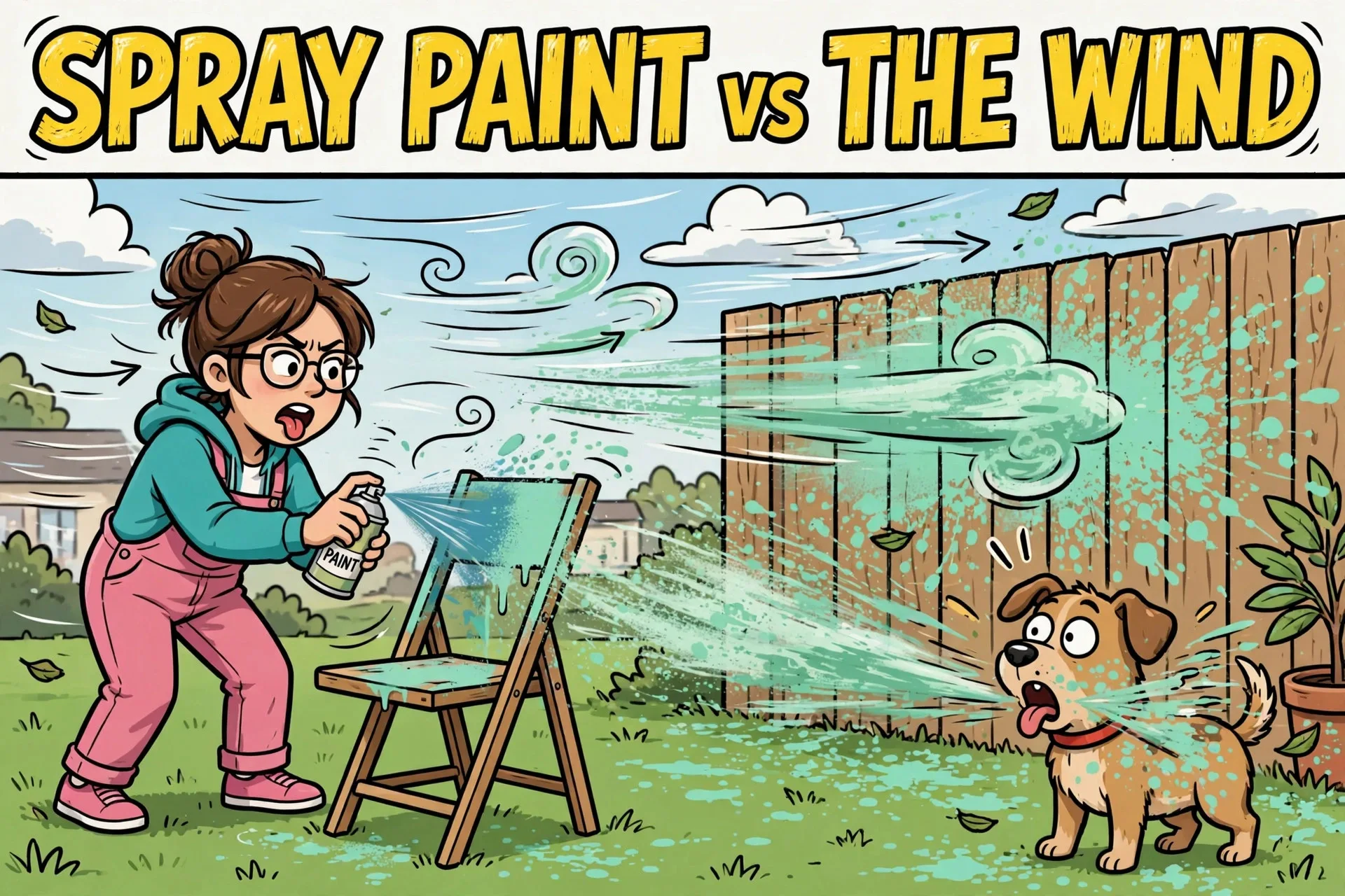 Spray paint blowing in wind onto fence and dog cartoon meme with text SPRAY PAINT vs THE WIND