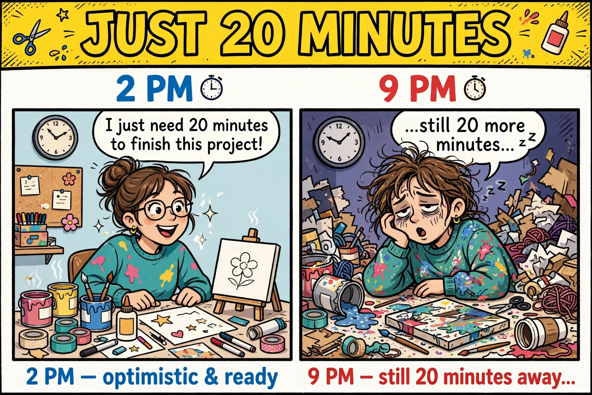 2 PM optimism vs 9 PM exhaustion craft meme with text JUST 20 MINUTES