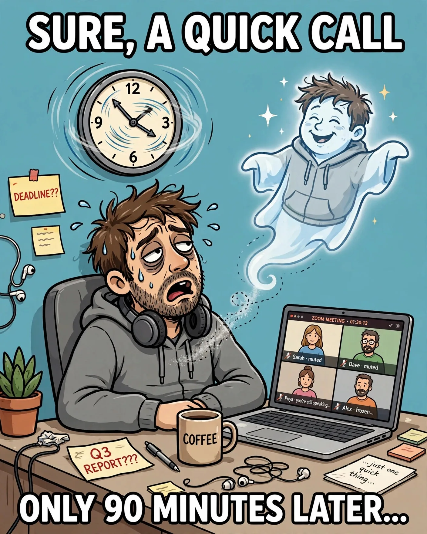 Funny work from home meme about quick calls lasting forever