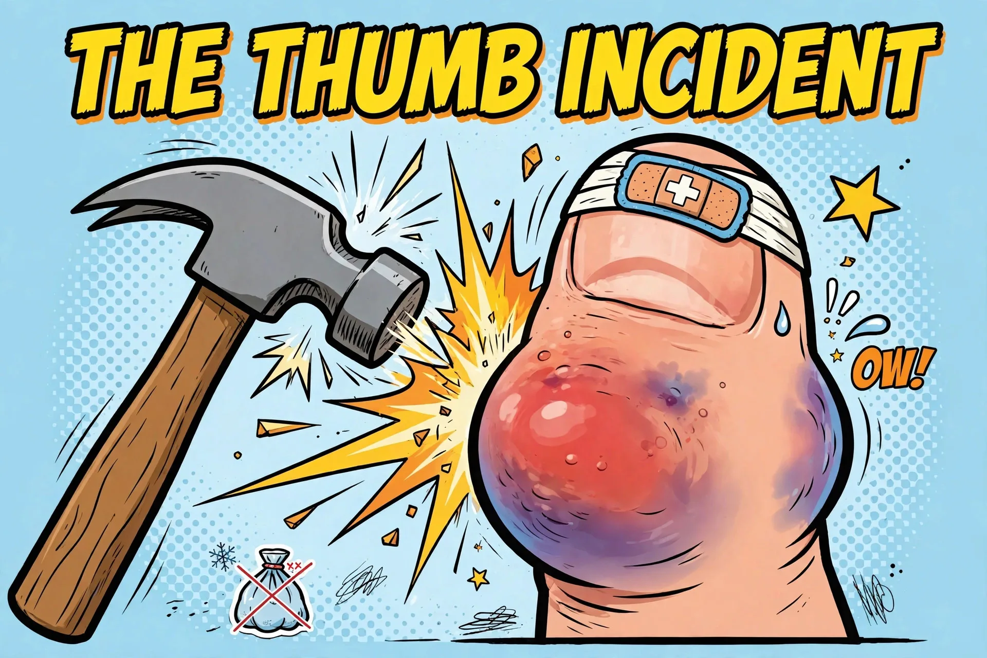 Hammer hitting thumb cartoon meme with text THE THUMB INCIDENT
