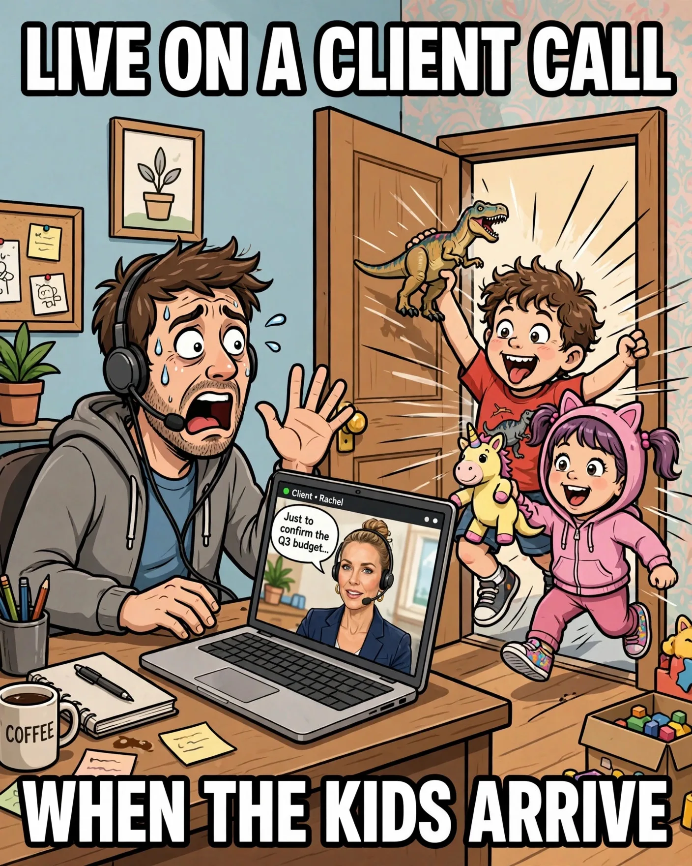 Funny work from home meme about kids crashing a video call