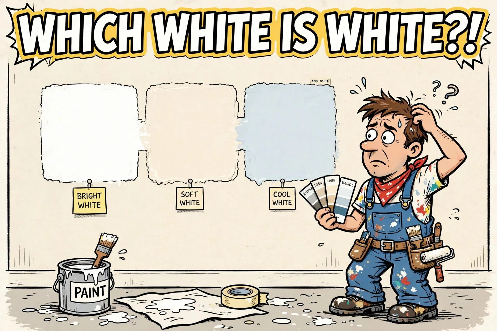 Wall with three different white paint patches cartoon meme with text WHICH WHITE IS WHITE?!