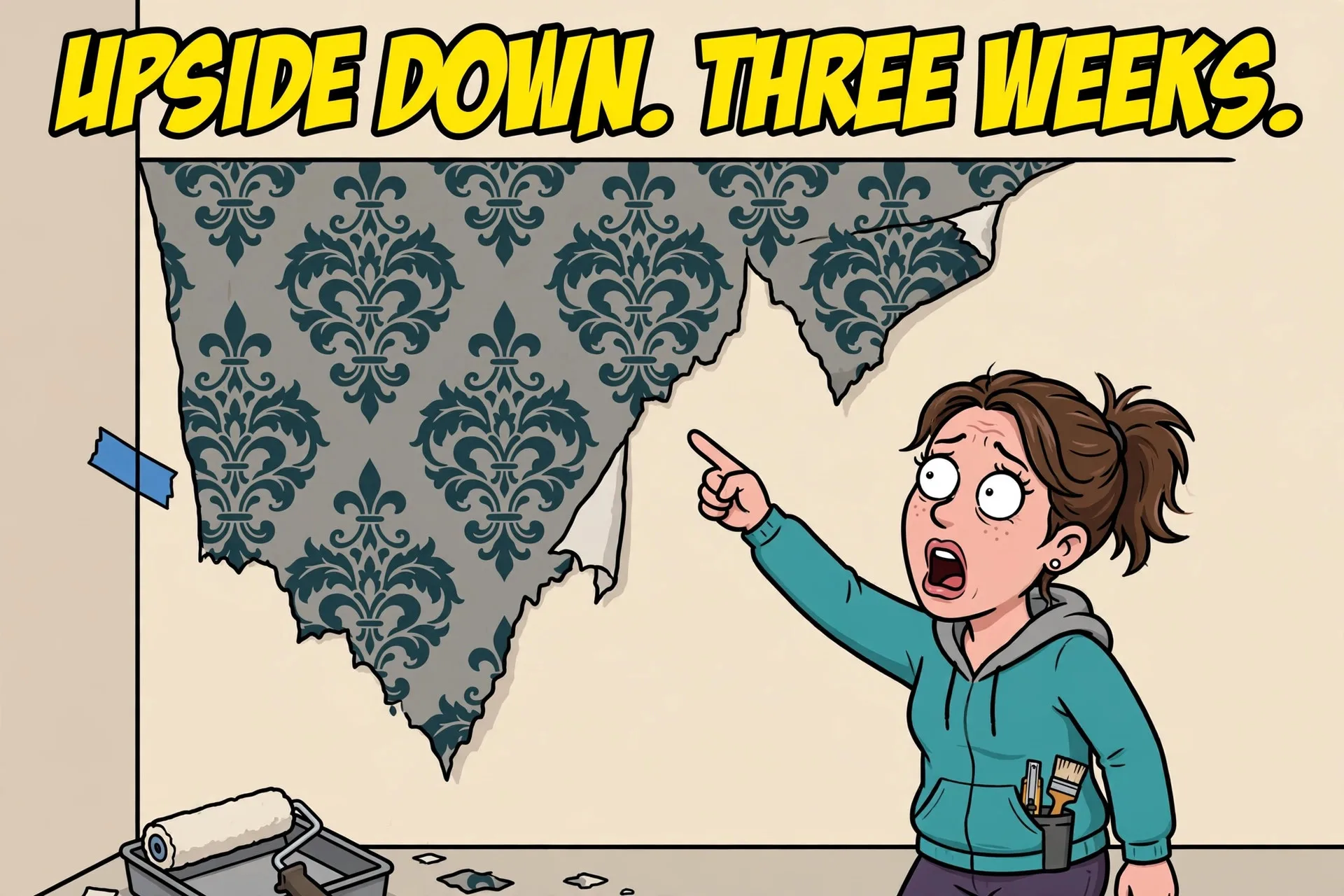 Upside down wallpaper pattern cartoon meme with text UPSIDE DOWN. THREE WEEKS.