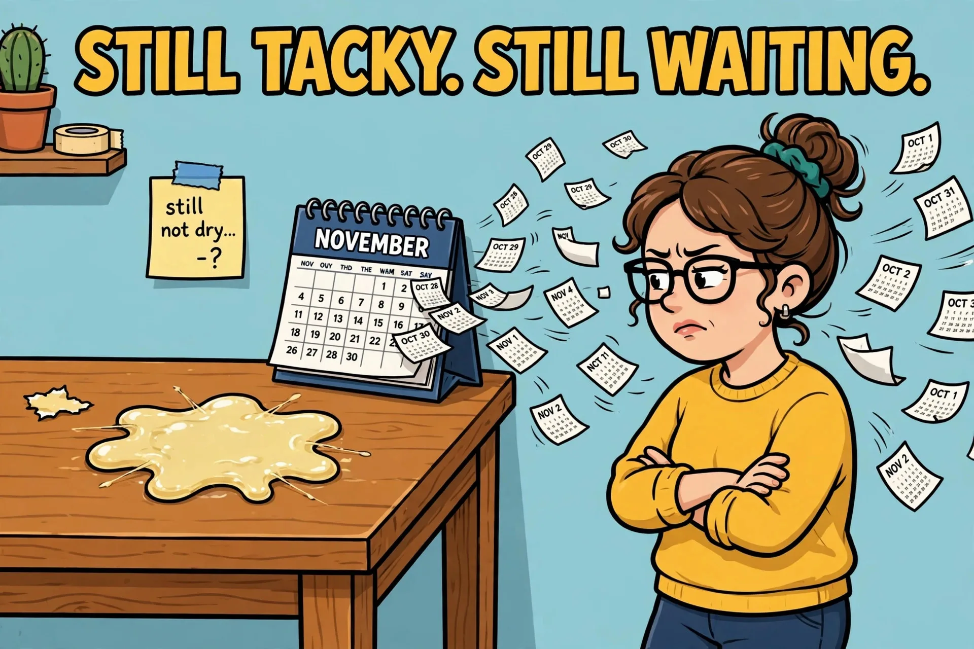 Tacky stain and passing calendar cartoon meme with text STILL TACKY. STILL WAITING.