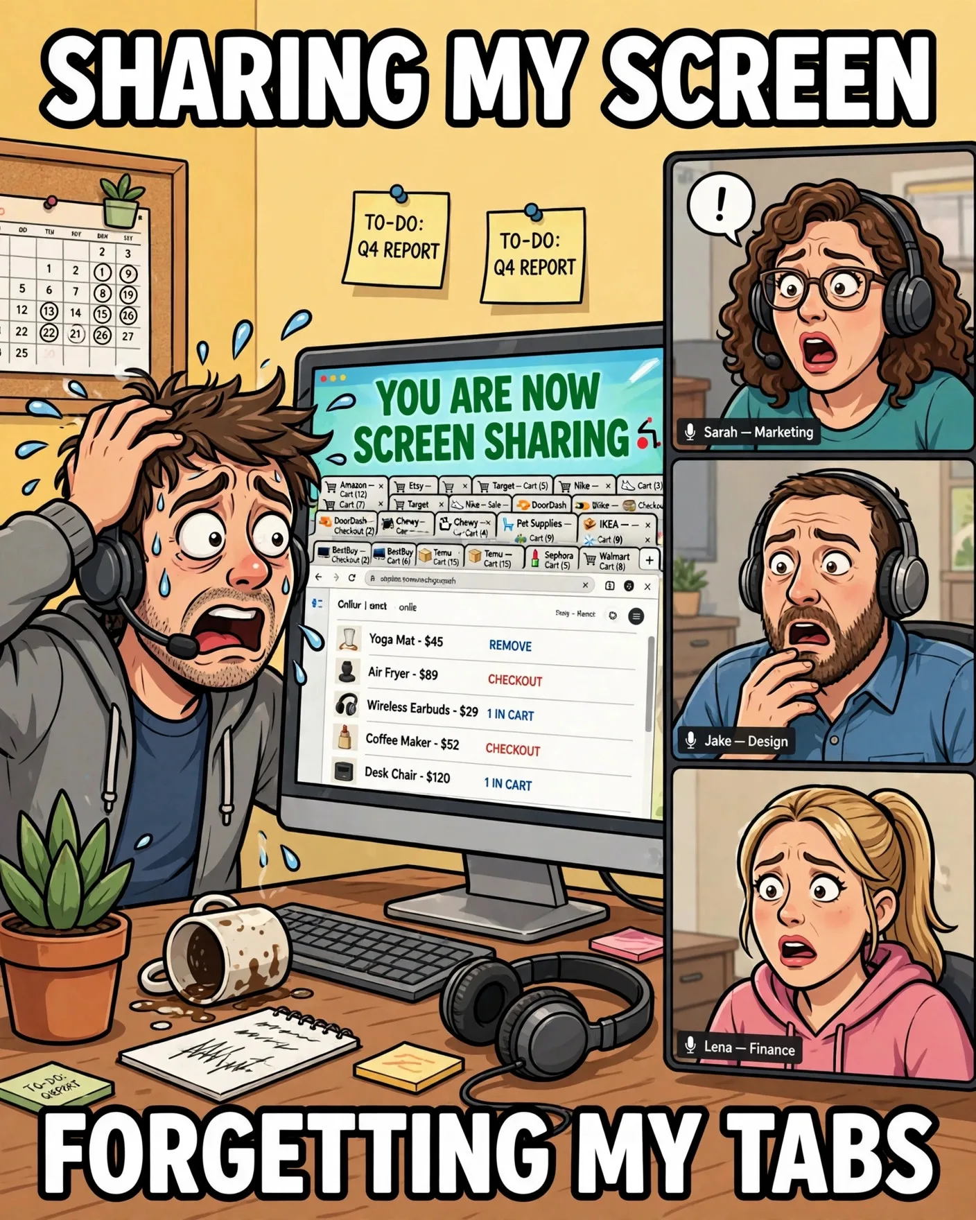 Funny work from home meme about forgetting open tabs while screen sharing