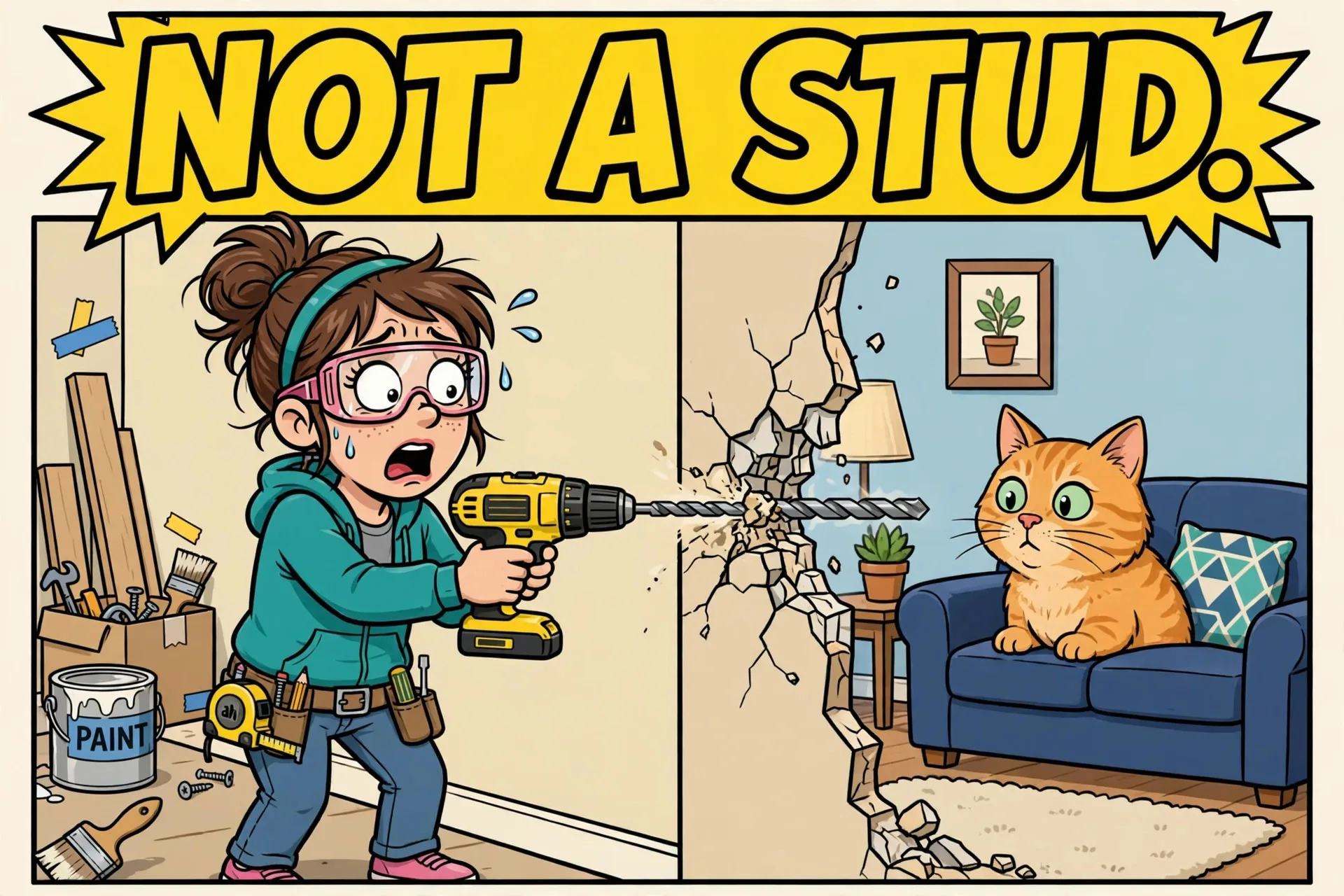 Drill going through wall into living room cartoon meme with text NOT A STUD.